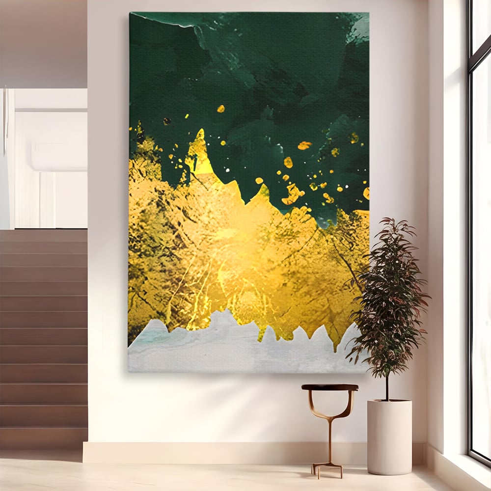 Tablou canvas cu tablou canvas abstract verde si auriu, fara rama, pe sasiu de lemn